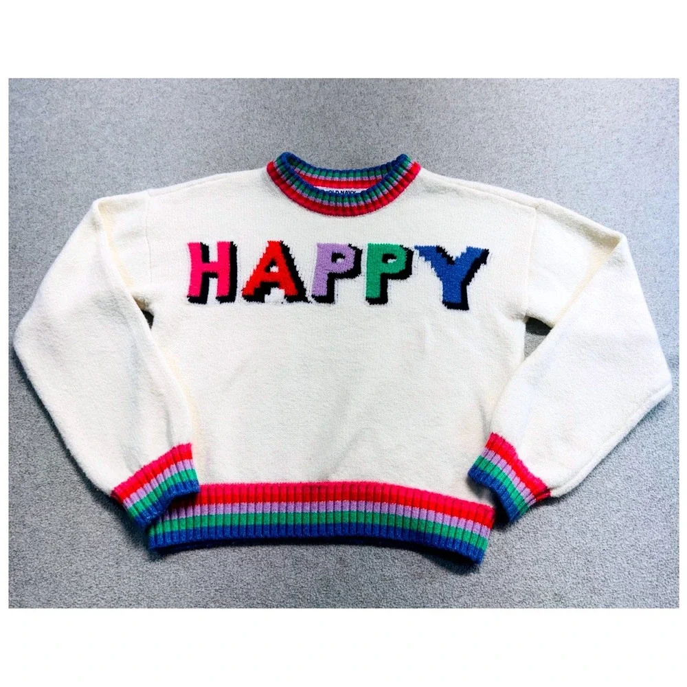 Old Navy Sweater Kids M 8 Cream Rainbow Happy SoSoft Graphic Pullover School
